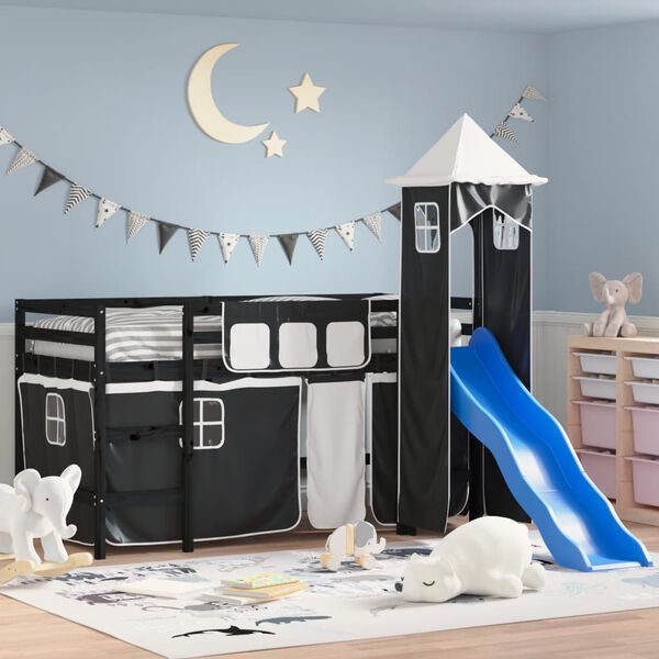 vidaXL Cama alta ni&ntilde;os con torre madera pino blanco negro 90x200 cm
