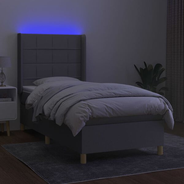 vidaXL Cama box spring colch&oacute;n y luces LED tela gris claro 90x190 cm