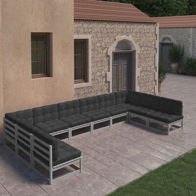 vidaXL Set de muebles de jardín 10 pzas con cojines madera pino gris