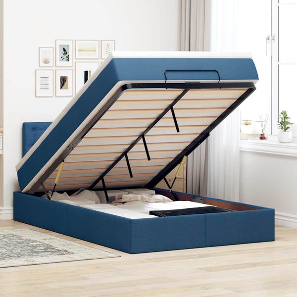 vidaXL Cama otomana con colch&oacute;n y luces LED tela azul 120x190cm