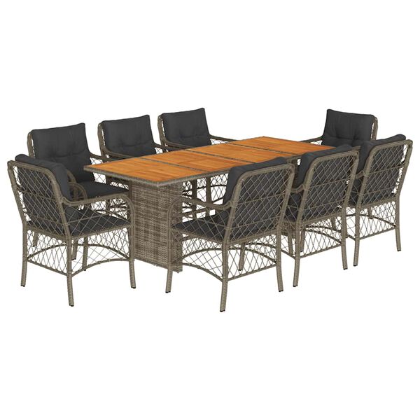 vidaXL Set comedor jard&iacute;n 9 pzas y cojines rat&aacute;n sint&eacute;tico gris