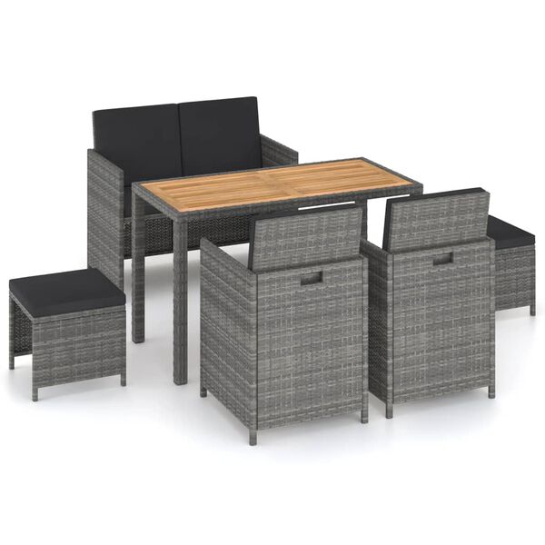 vidaXL Set comedor jard&iacute;n 6 pzas rat&aacute;n sint&eacute;tico y madera acacia gris