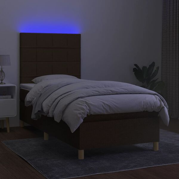 vidaXL Cama box spring colch&oacute;n y luces LED tela marr&oacute;n oscuro 90x190cm