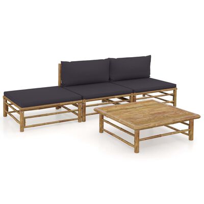 vidaXL Set de muebles de jardín 4 piezas bambú con cojines gris oscuro
