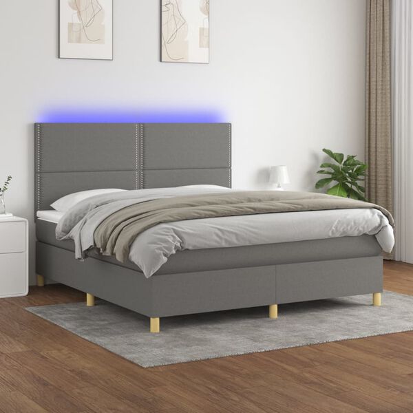 vidaXL Cama box spring colch&oacute;n y luces LED tela gris oscuro 180x200 cm