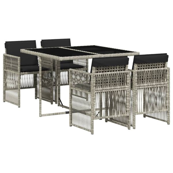 vidaXL Set comedor de jard&iacute;n 5 pzas cojines rat&aacute;n sint&eacute;tico gris claro