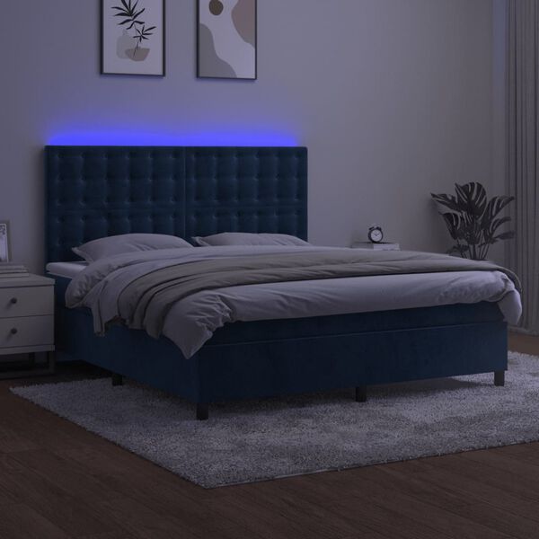 vidaXL Cama box spring colch&oacute;n y LED terciopelo azul oscuro 180x200 cm