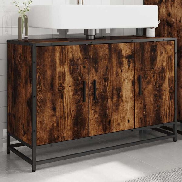 vidaXL Armario lavabo ba&ntilde;o madera ingenier&iacute;a roble ahumado 90x33x60 cm