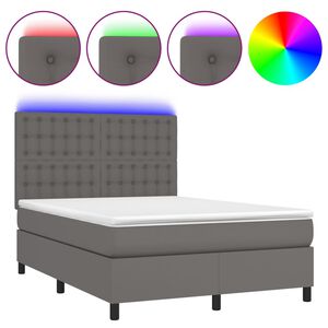 vidaXL Cama box spring colch&oacute;n y LED cuero sint&eacute;tico gris 140x190 cm