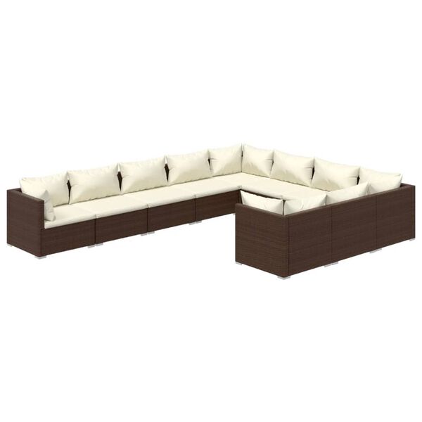 vidaXL Set muebles de jard&iacute;n 10 pzas y cojines rat&aacute;n sint&eacute;tico marr&oacute;n