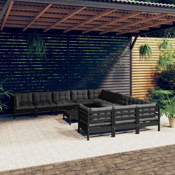 vidaXL Muebles de jard&iacute;n 12 pzas con cojines negro madera de pino