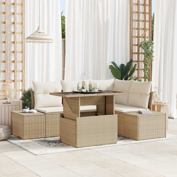 vidaXL Conjunto de sof&aacute; de jard&iacute;n 5 pcs Beige rat&aacute;n sint&eacute;tico