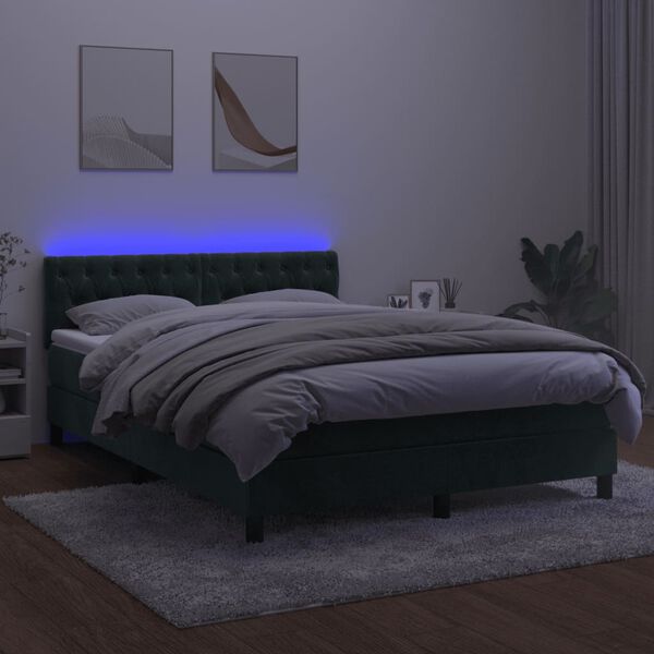 vidaXL Cama box spring colch&oacute;n y LED terciopelo verde oscuro 140x200cm