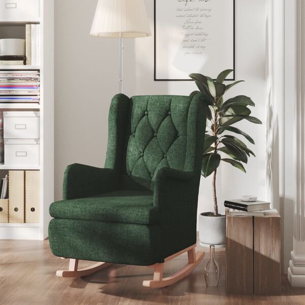 vidaXL Sill&oacute;n con patas mecedoras madera de caucho tela verde oscuro