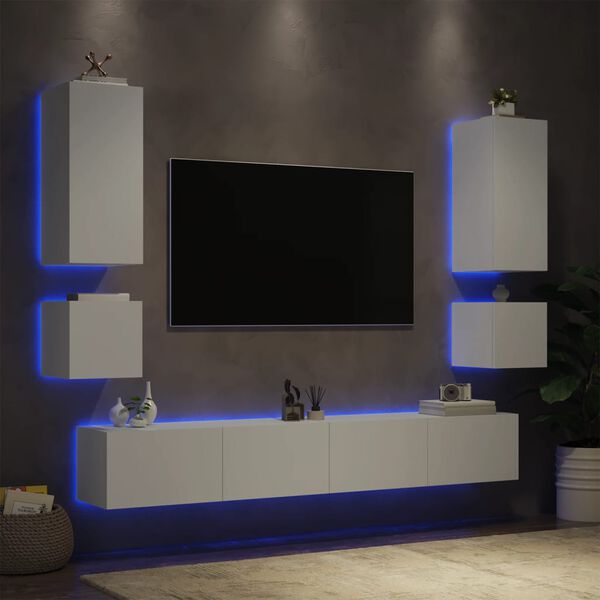 vidaXL Muebles de TV de pared con luces LED 6 piezas blanco