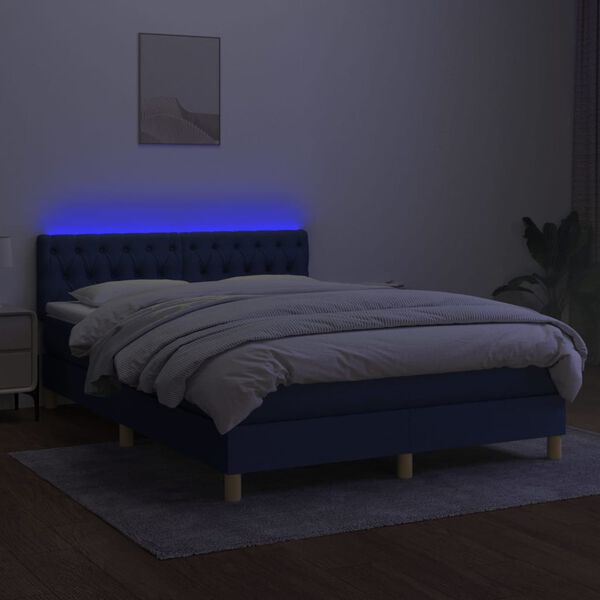 vidaXL Cama box spring colch&oacute;n y luces LED tela azul 140x190 cm