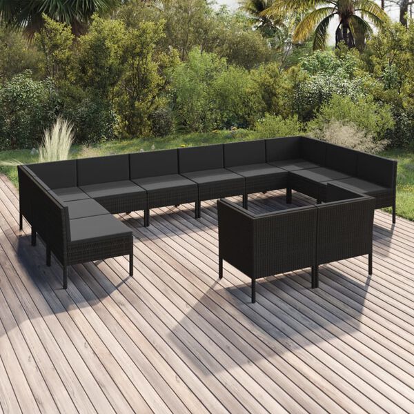 vidaXL Set muebles de jard&iacute;n 12 pzas y cojines rat&aacute;n sint&eacute;tico negro