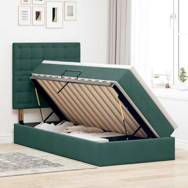 vidaXL Cama con almacenamiento y colch&oacute;n Verde oscuro 90 x 190 cm