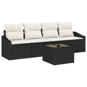 vidaXL Juego de Sof&aacute; 5 uds. Negro y crema rat&aacute;n sint&eacute;tico