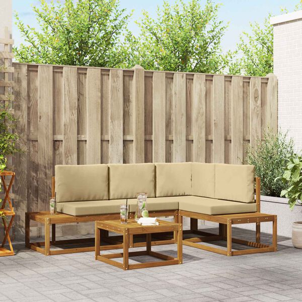 vidaXL Conjunto de sof&aacute;s de exterior con coj&iacute;n 5 Pieza Natural y Beige