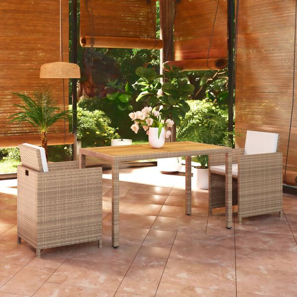 vidaXL Set comedor de jard&iacute;n 3 pzas con cojines rat&aacute;n sint&eacute;tico beige