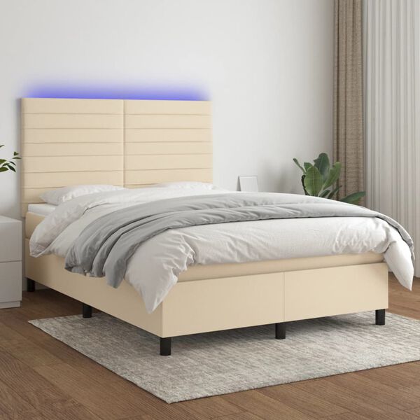 vidaXL Cama box spring colch&oacute;n y luces LED tela crema 140x200 cm
