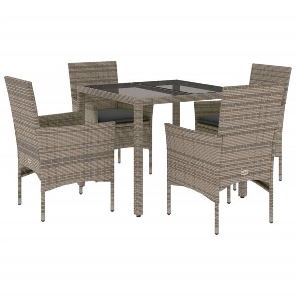 vidaXL Set comedor jard&iacute;n 5 pzas y cojines rat&aacute;n sint&eacute;tico vidrio gris