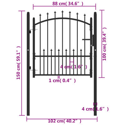 vidaXL Puerta de valla con picos acero negro 100x100 cm