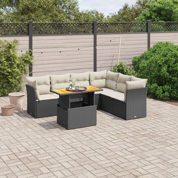 vidaXL Set de comedor de jard&iacute;n 7 pzas y cojines rat&aacute;n sint&eacute;tico negro