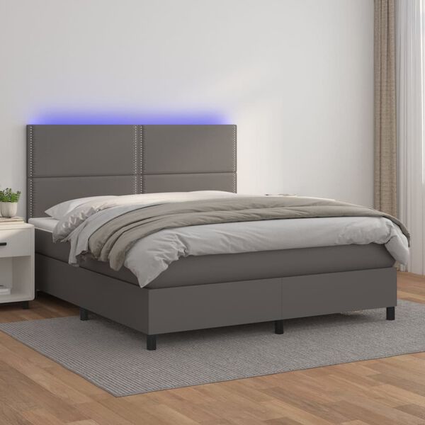 vidaXL Cama box spring colch&oacute;n y LED cuero sint&eacute;tico gris 140x200 cm