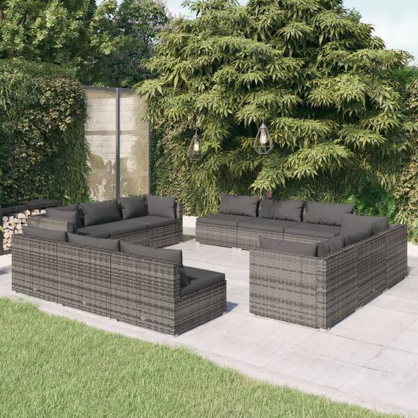vidaXL Set de muebles de jard&iacute;n 12 pzas cojines rat&aacute;n sint&eacute;tico gris