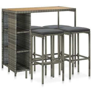 vidaXL Set de bar para jard&iacute;n 5 piezas y cojines rat&aacute;n sint&eacute;tico gris