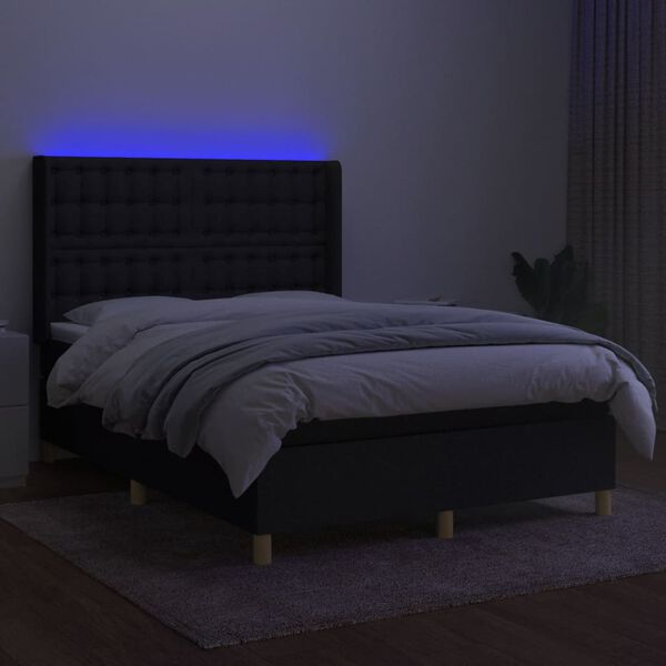 vidaXL Cama box spring colch&oacute;n y luces LED tela negro 140x190 cm