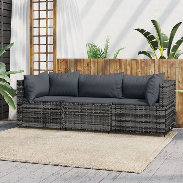 vidaXL Set de muebles de jardín 3 pzas y cojines ratán sintético gris