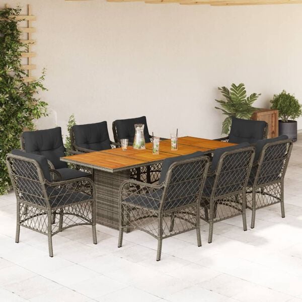 vidaXL Set comedor jard&iacute;n 9 pzas y cojines rat&aacute;n sint&eacute;tico gris