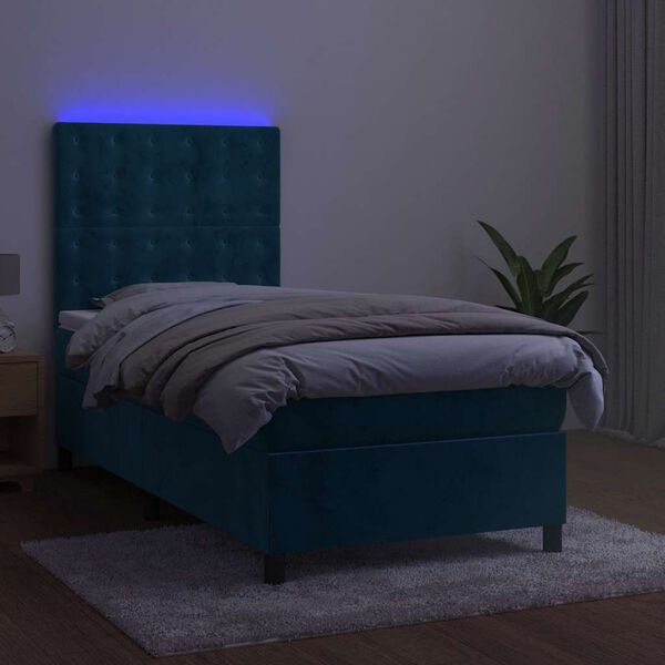 vidaXL Cama box spring colch&oacute;n y LED terciopelo azul oscuro 90x190 cm