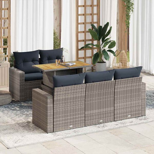 vidaXL Set de muebles de jard&iacute;n 6 pzas y cojines rat&aacute;n sint&eacute;tico gris