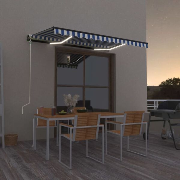 vidaXL Toldo automático LED sensor de viento azul y blanco 400x300 cm