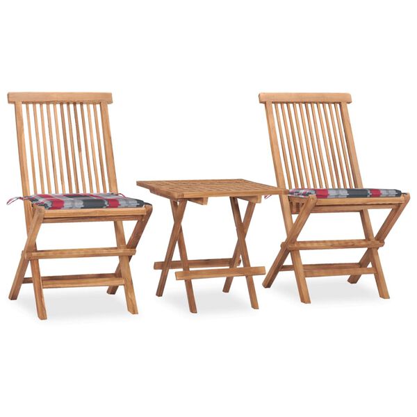 vidaXL Set comedor de jardín plegable 3 piezas madera de teca cojines
