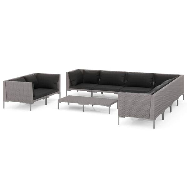 vidaXL Muebles de jard&iacute;n 10 pzas y cojines rat&aacute;n sint&eacute;tico gris oscuro