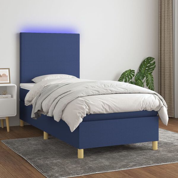 vidaXL Cama box spring colch&oacute;n y luces LED tela azul 90x190 cm
