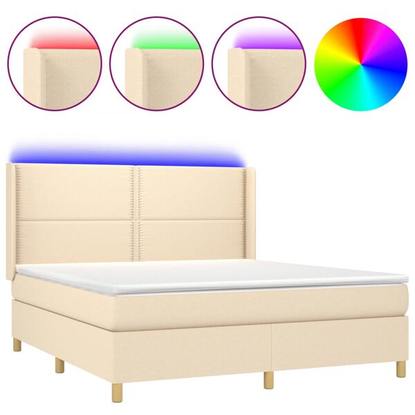 vidaXL Cama box spring colch&oacute;n y luces LED tela crema 180x200 cm