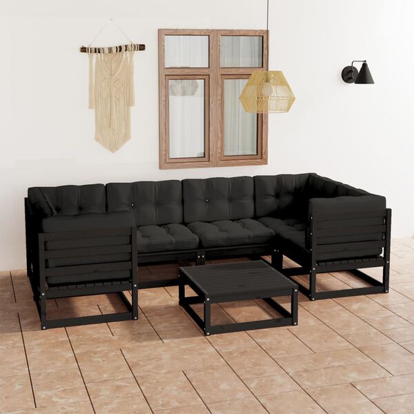 vidaXL Set de muebles de jard&iacute;n 7 pzas con cojines madera pino negro