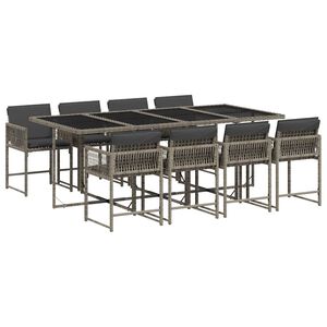 vidaXL Set comedor jard&iacute;n 9 pzas y cojines rat&aacute;n sint&eacute;tico gris