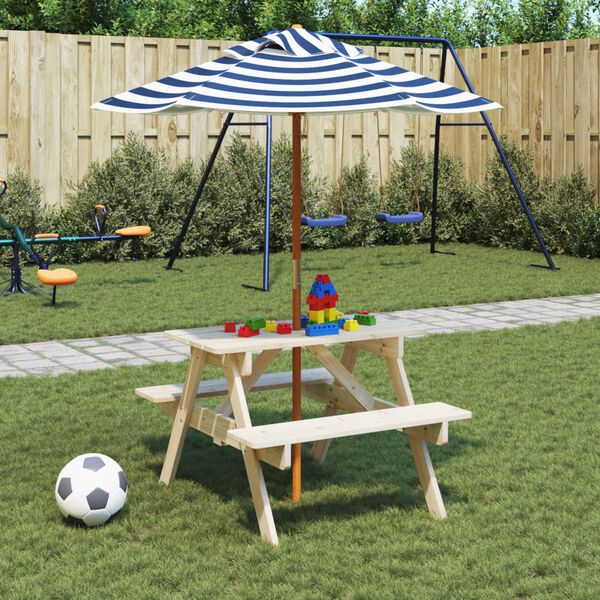 vidaXL Mesa de picnic para 4 ni&ntilde;os agujero para sombrilla madera abeto