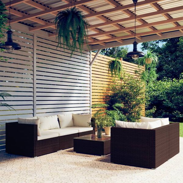 vidaXL Set muebles de jard&iacute;n 6 piezas y cojines rat&aacute;n sint&eacute;tico marr&oacute;n