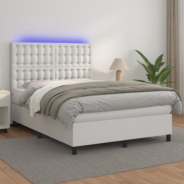 vidaXL Cama box spring colch&oacute;n y LED cuero sint&eacute;tico blanco 140x200 cm