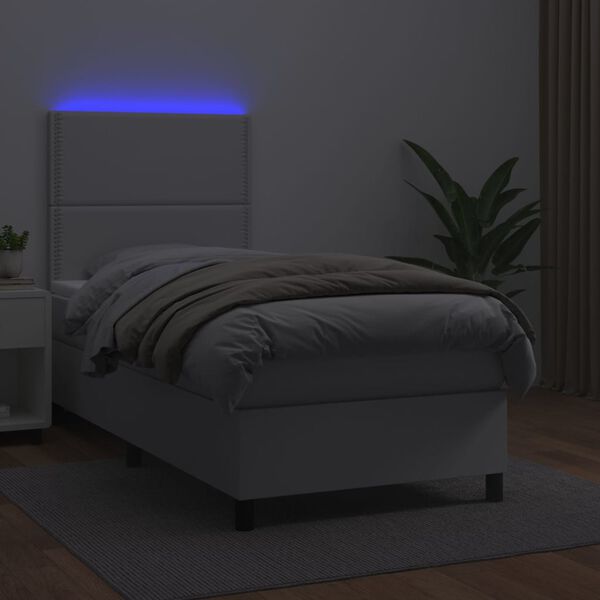 vidaXL Cama box spring colch&oacute;n y LED cuero sint&eacute;tico blanco 100x200 cm