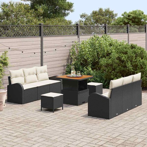 vidaXL Conjunto de sof&aacute; de jard&iacute;n con coj&iacute;n 9 pcs Negro Polirat&aacute;n