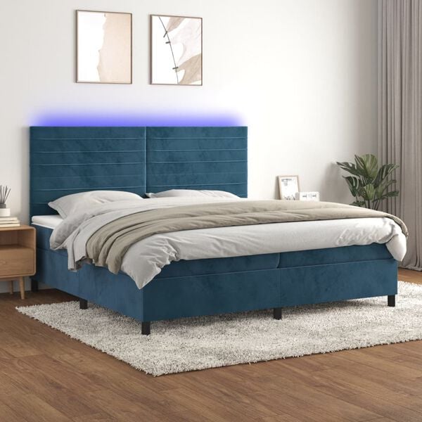 vidaXL Cama box spring colch&oacute;n y LED terciopelo azul oscuro 200x200 cm